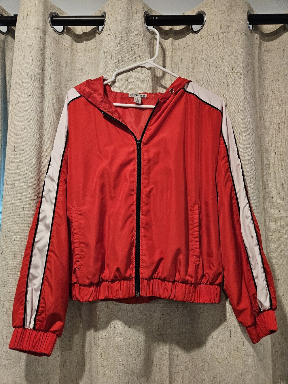 Forever 21 Red Hooded Windbreaker Jacket with White Stripe
